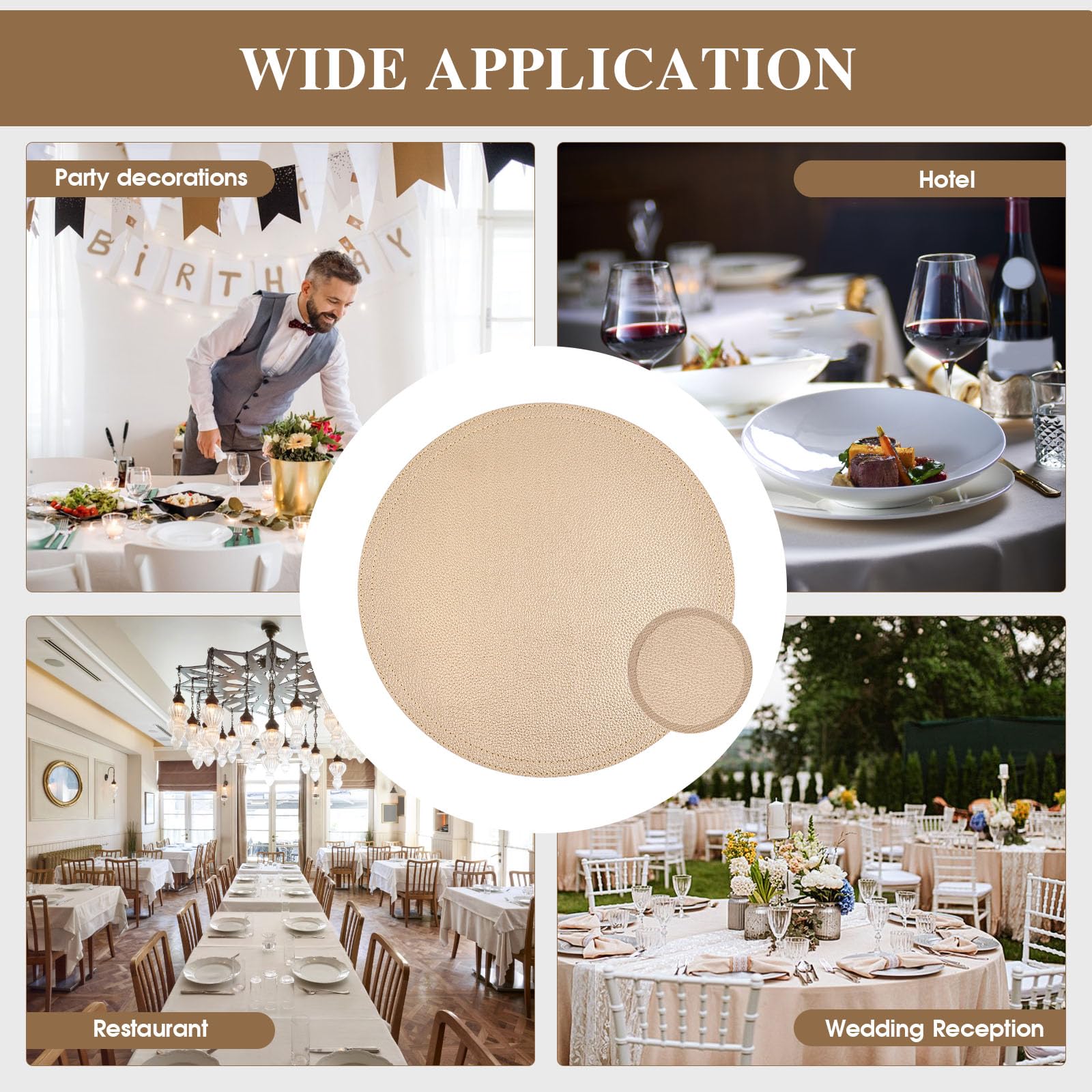 Set of 8 Faux Leather Gold Round Placemats and Coasters, Coffee Mats Kitchen Table Mats, Waterproof, Easy to Clean for Kitchen Dining Round Table