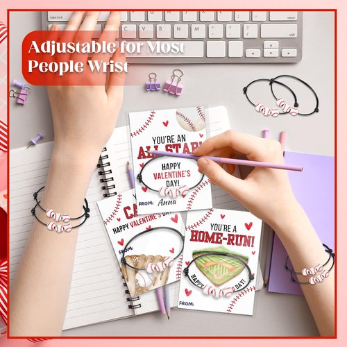 Demonwer 24 Sets Valentine's Day Baseball Bracelet Gift Adjustable Baseball Bracelets with Inspirational Cards Sport Party Favors for Valentine Team Prize Exchange Gifts Supplies