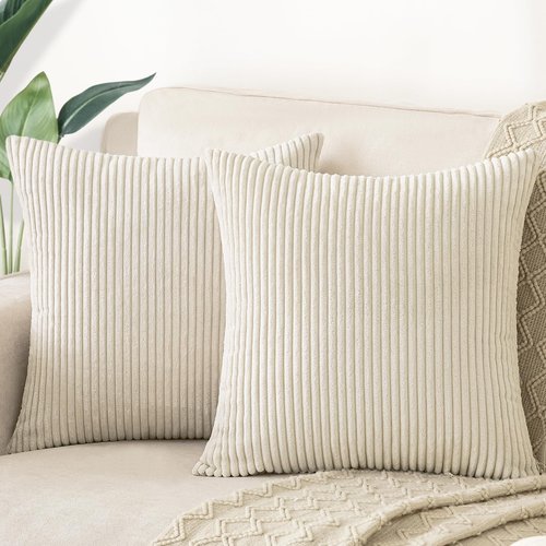 Softalker Throw Pillow Covers 18 x 18, Set of 2 - Cream Spring Decorative Soft Corduroy Striped Boho Beige Pillow Covers, White Cushion Pillow Cases for Farmhouse Decor, Couch, Easter, Bed Living Room