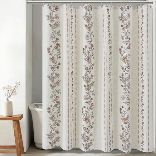 ORTIGIA Boho Floral Shower Curtains for Bathroom Linen Vintage Shower Curtain Set with Metal Hooks Waterproof Block Print Rustic Fabric Bath Curtain for Home, Weighted, 72x72