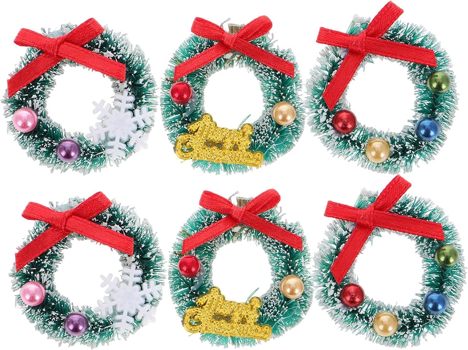 Skiennix Mini Christmas Wreaths - 6pcs Frosted Sisal Hanging Ornaments for Dollhouse Decor
