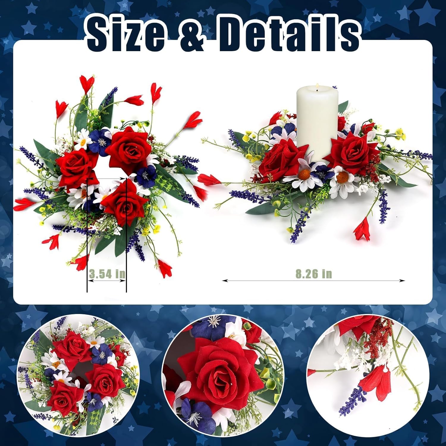 Veterans Day Candle Rings - 4 Pcs Red, White & Blue Mini Floral Wreaths for Patriotic Decor