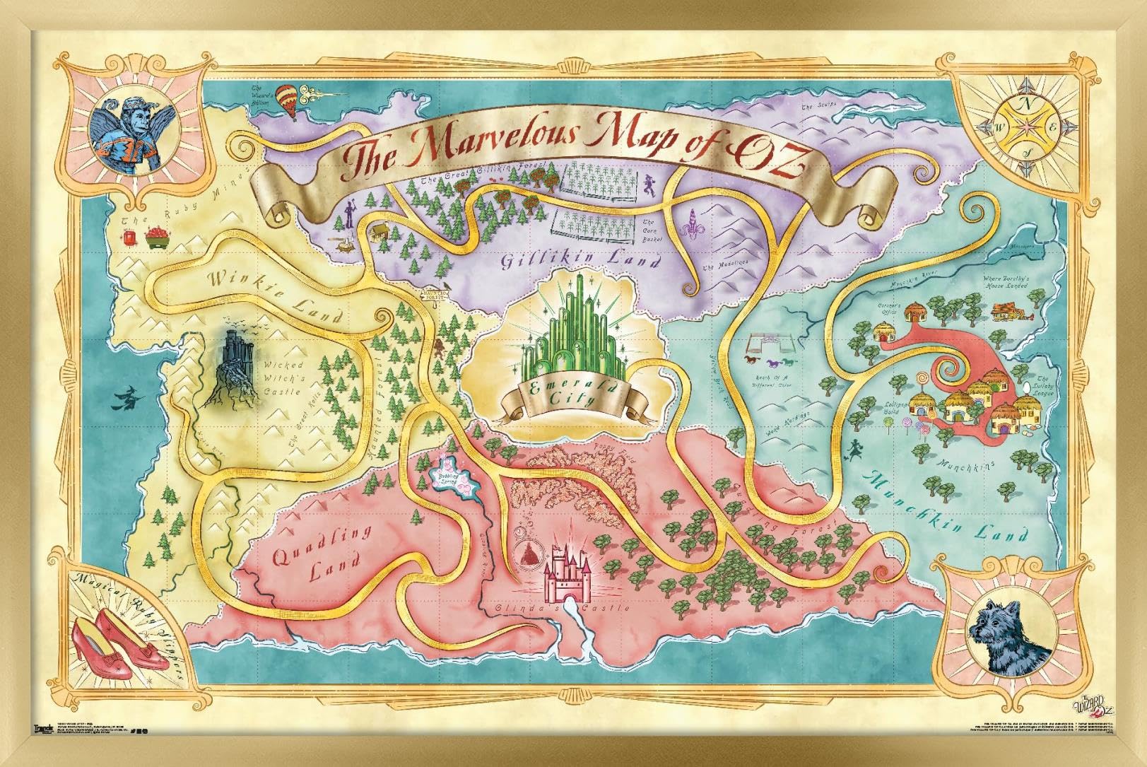 The Wizard Of Oz - Map Wall Poster, 22.4L" x 14.7W", Gold Framed Version