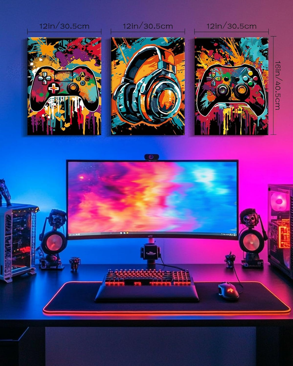 PHOPAGO Gaming Wall Art - Cool Watercolor Graffiti Gamepad Prints | 12x16in, Set of 3 for Teen Boys