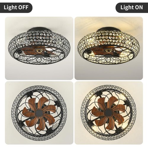 XUDOM Caged Crystal Ceiling Fans with Lights and Remote,18.8" Flush Mount Low Profile Ceiling Fan with Light,6 Speed Enclosed Ceiling Fan with Reversible Motor for Bedroom Kitchen Living Room