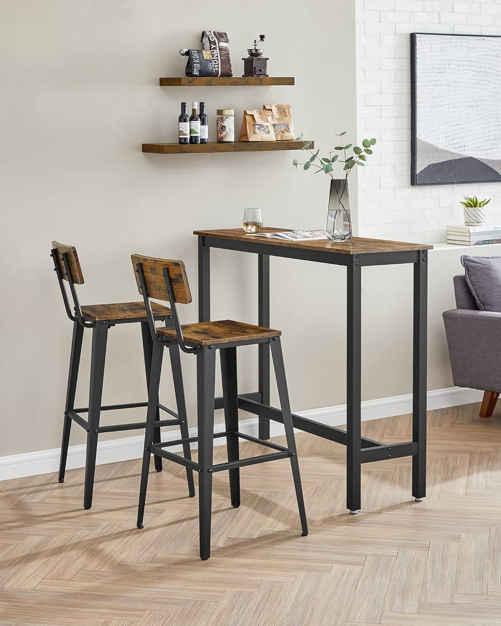 VASAGLE Bar Stools Set of 2 - 29.1-Inch Tall Industrial Style Chairs with Back | Rustic Brown & Ink Black