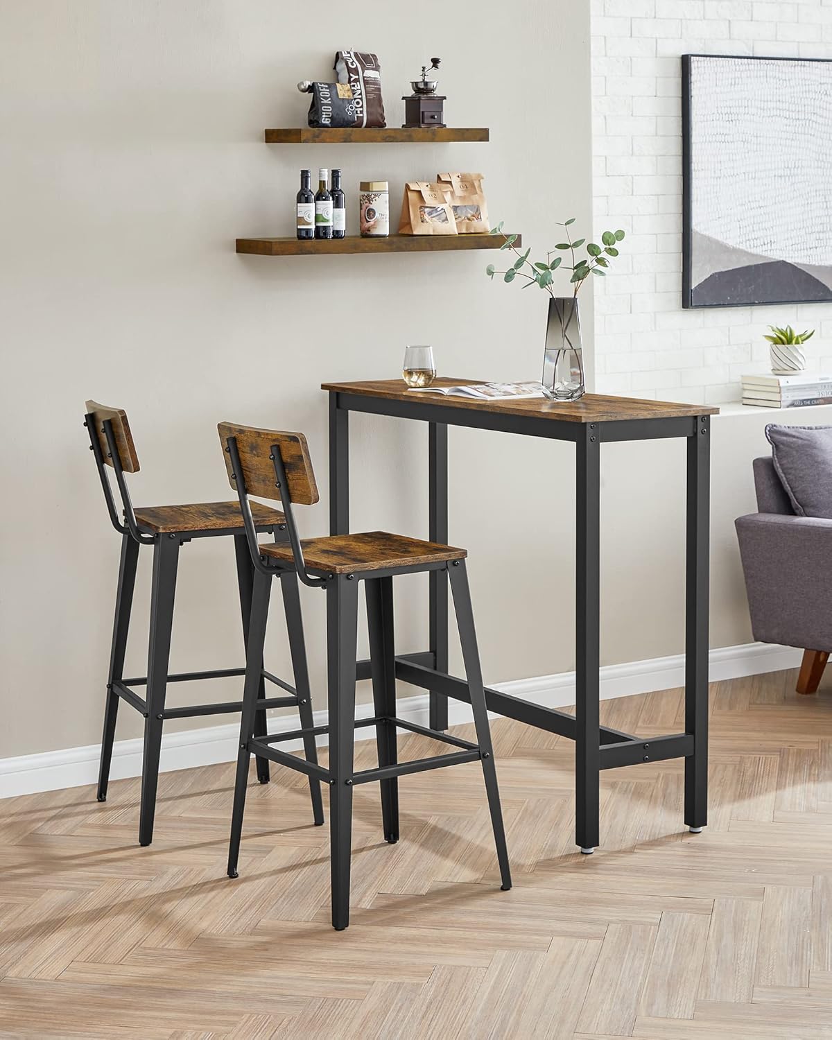 VASAGLE Bar Stools Set of 2 - 29.1-Inch Tall Industrial Style Chairs with Back | Rustic Brown & Ink Black