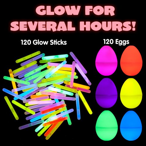 JOYIN 120 Pcs Easter Eggs with 120 Mini Glow Sticks for Kids Glow-in-The-Dark Basket Stuffers Fillers Gift, Easter Egg Hunt Game Party Favors Decorations Supplies, Classroom Prizes