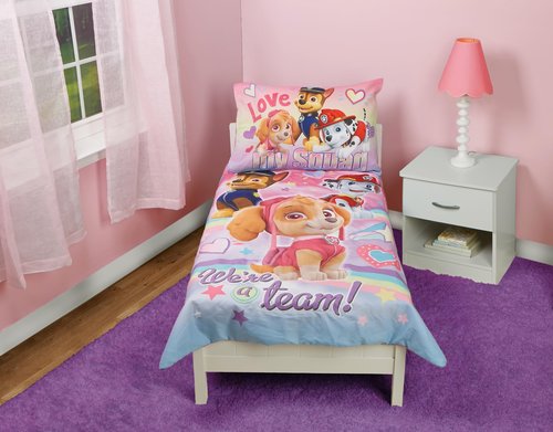 Paw Patrol Skye We're A Team 4 Piece Toddler Bedding Set - Includes Comforter, Sheet Set - Fitted + Top Sheet + Reversible Pillow Case for Girls Bed, Pink