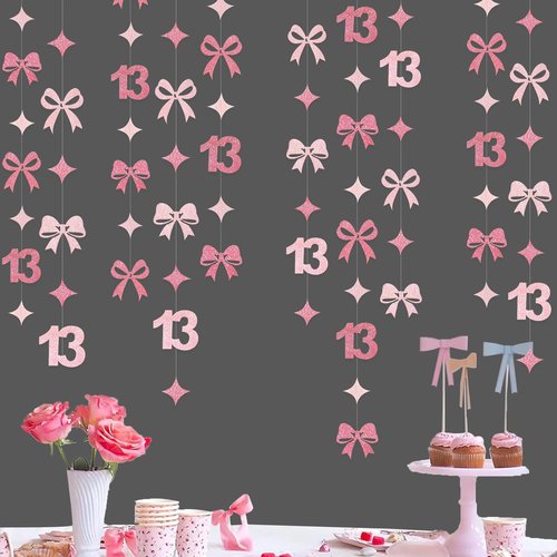 Glitter Pink 13th Bow Birthday Decorations Hot Pink Conquette Bow Garland Streamer Banner Backdrop for Girls Happy 13th Birthday Official Teenager Cheers to 13 Years Old Anniversary Party Supplies