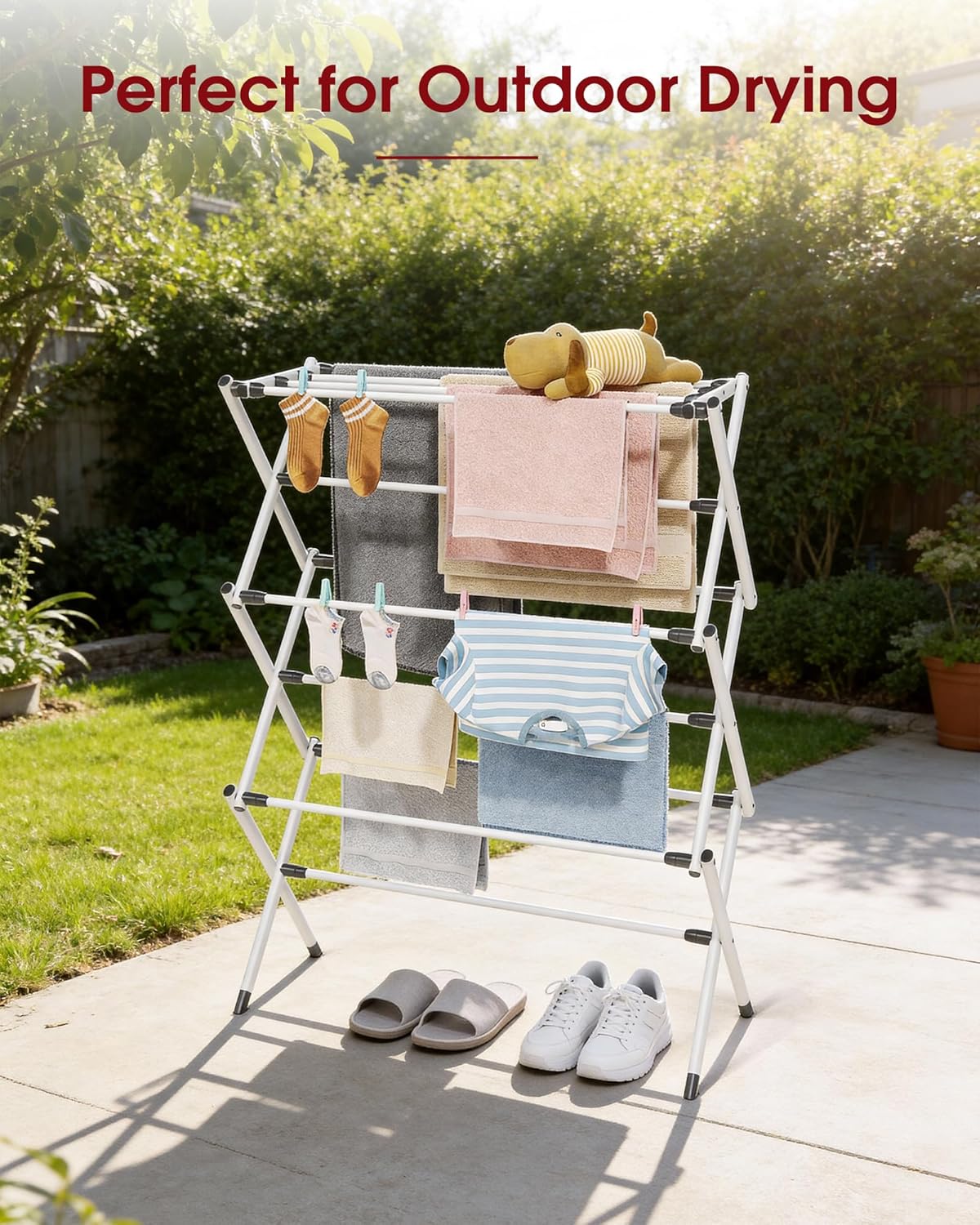 Sakugi Foldable Clothes Drying Rack - 3-Tier Metal Laundry Organizer with Non-Slip Feet | Indoor & Outdoor Use, 11.4"D x 29.1"W x 37.4"H, White & Black