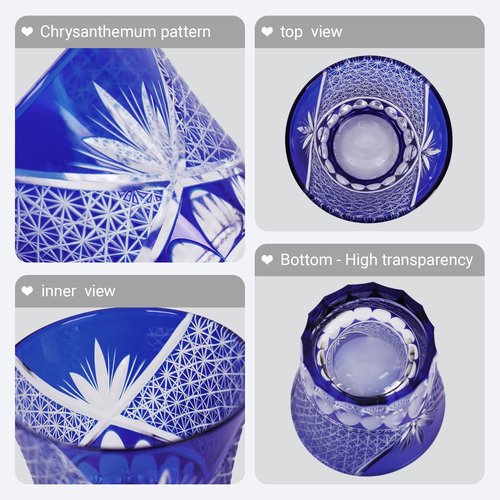 SANMENMO Edo Tokyo Kiriko Whiskey Glasses- Japanese Style Luxury Handcrafted High Transparency Crystal Royal Lucky Blue Pattern Crystal Cocktail Tumbler- Gift for Men, Scotch,Wine and Rum Lovers-1 Cup
