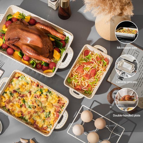Ceramic Baking Dish Set of 3, Rectangular Casserole Dishes for Oven Lasagna Baking Pan with Handles for Kitchen Cooking, Housewarming Wedding New Year Gift (14"/12"/9")