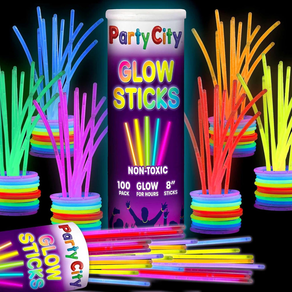Party City Glow Sticks Bulk Pack - 100 Neon 8” Glow in the Dark Light-Up Favors for All Ages