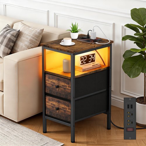 Lewondr End Table with Charging Station and LED Light, Narrow Side Table with 2 Fabric Drawers, Thin Nightstand with USB Ports for Bedside, Bedroom, Living Room, Small Spaces