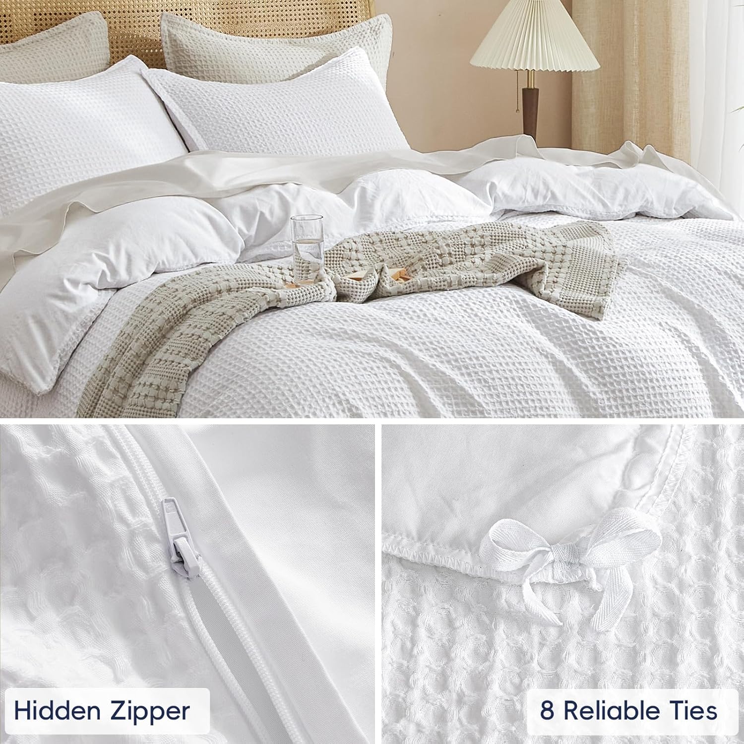 PHF Waffle Weave Duvet Cover Set - Ultra Soft Luxury King Size Bedding | 3-Piece White Set with 2 Pillow Shams (104"x90")
