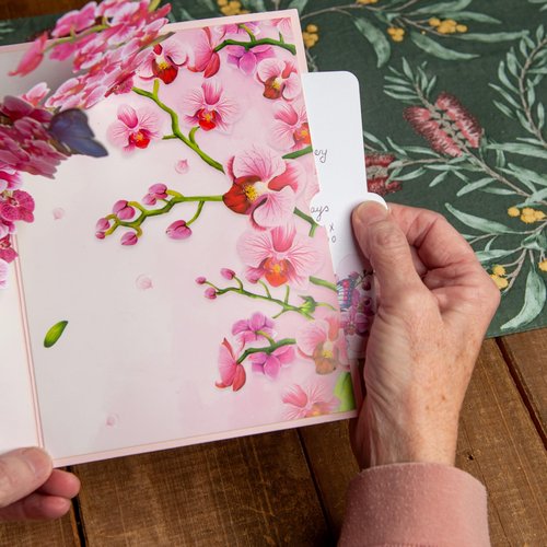Pop Up Orchid and Butterfly Greeting Card for Birthdays, Thank You, Get Well, Mothers Day or Any Occasion. By Devine Cards