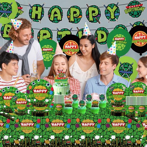 104pcs Birthday Decorations Tableware Set for 20 Guests Include Banner ,Paper Plates of 2 Size,Napkins and Paper Cups,Cake Topper,Balloons and Plastic Tablecloth