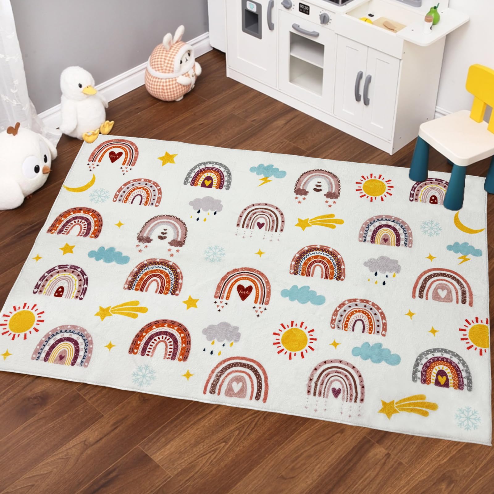 Mishareal Boho Rainbow Soft Kids Play Rug, Washable Foldable Baby Crawling Floor Mat, Non Slip Nursery Area Rug for Children Living Room Playroom Classroom Bathroom Bedroom Kids Room Decor