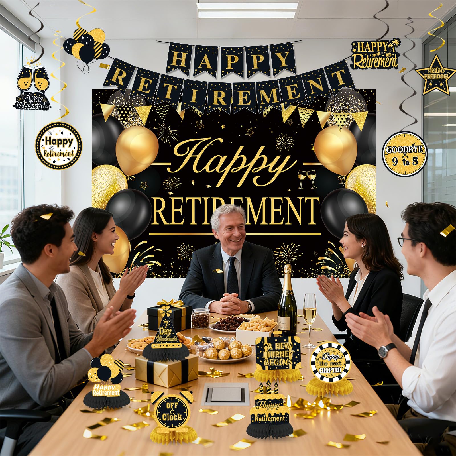 Retirement Party Decorations for Men Women Black Gold Happy Retirement Banner Backdrop Honeycomb Centerpiece Cake Topper Hanging Swirl Set