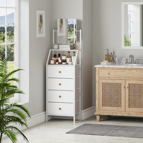 HIGDBFE 4-Drawer Dresser with Mirror, Fabric Storage with 2-Tier Shelves, Freestanding Chest Organizer Unit, Tall Chest of Drawers with Steel Frame Wood Top for Bedroom, Hallway, White, 15.3" W