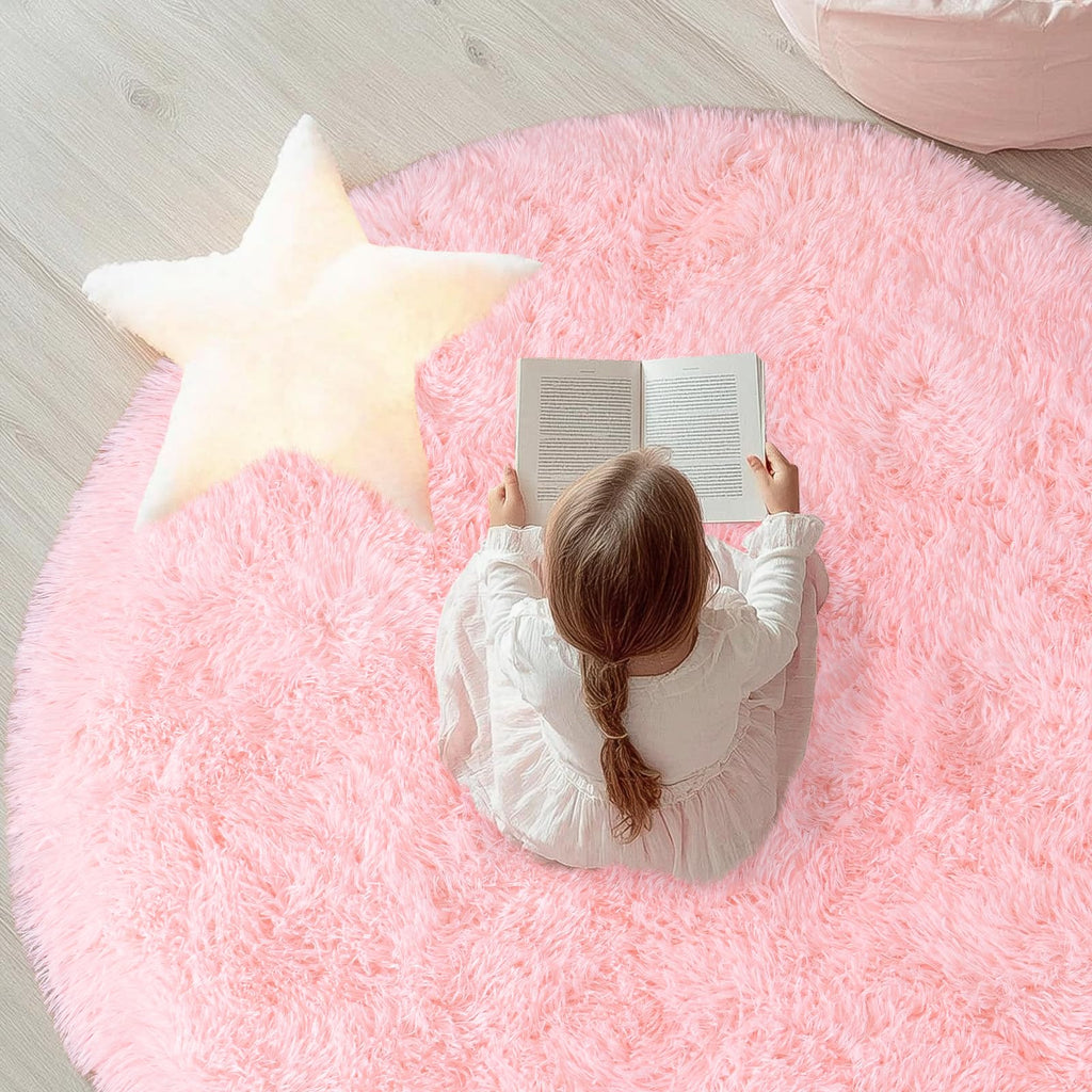 Round Fluffy Pink Rug for Bedroom, 4Ft Fuzzy Shag Circle Area Rug for Girls Kids Room Nursery, Soft Non Slip Plush Carpet for Dorm Living Room Home Decor