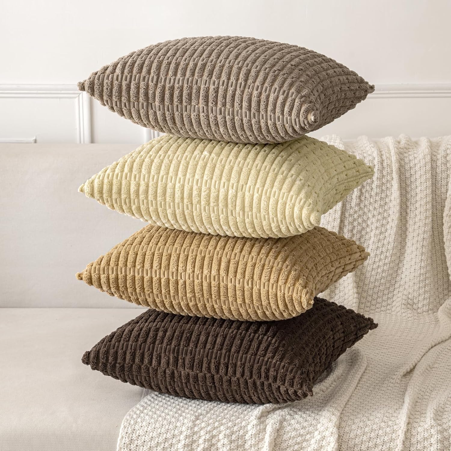 MIULEE Corduroy Throw Pillow Covers - Soft Boho Striped Design | 20x20 Inch Beige for Modern Home Decor