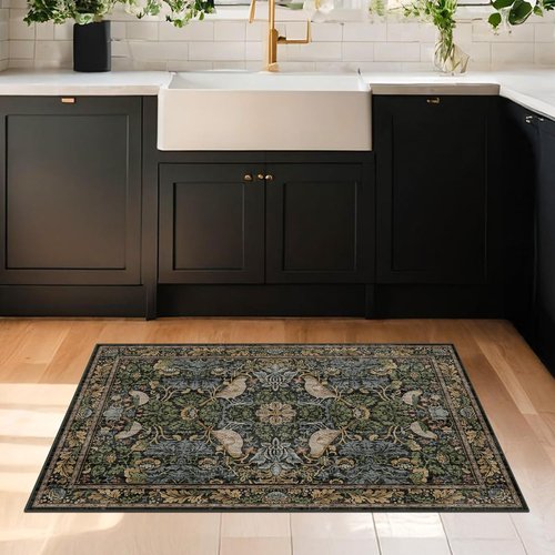 Hazo Haus Washable Dark Vintage Floral Rug - Small 2x3 Indoor Mat with Bird & Botanical Design in Brown Tones