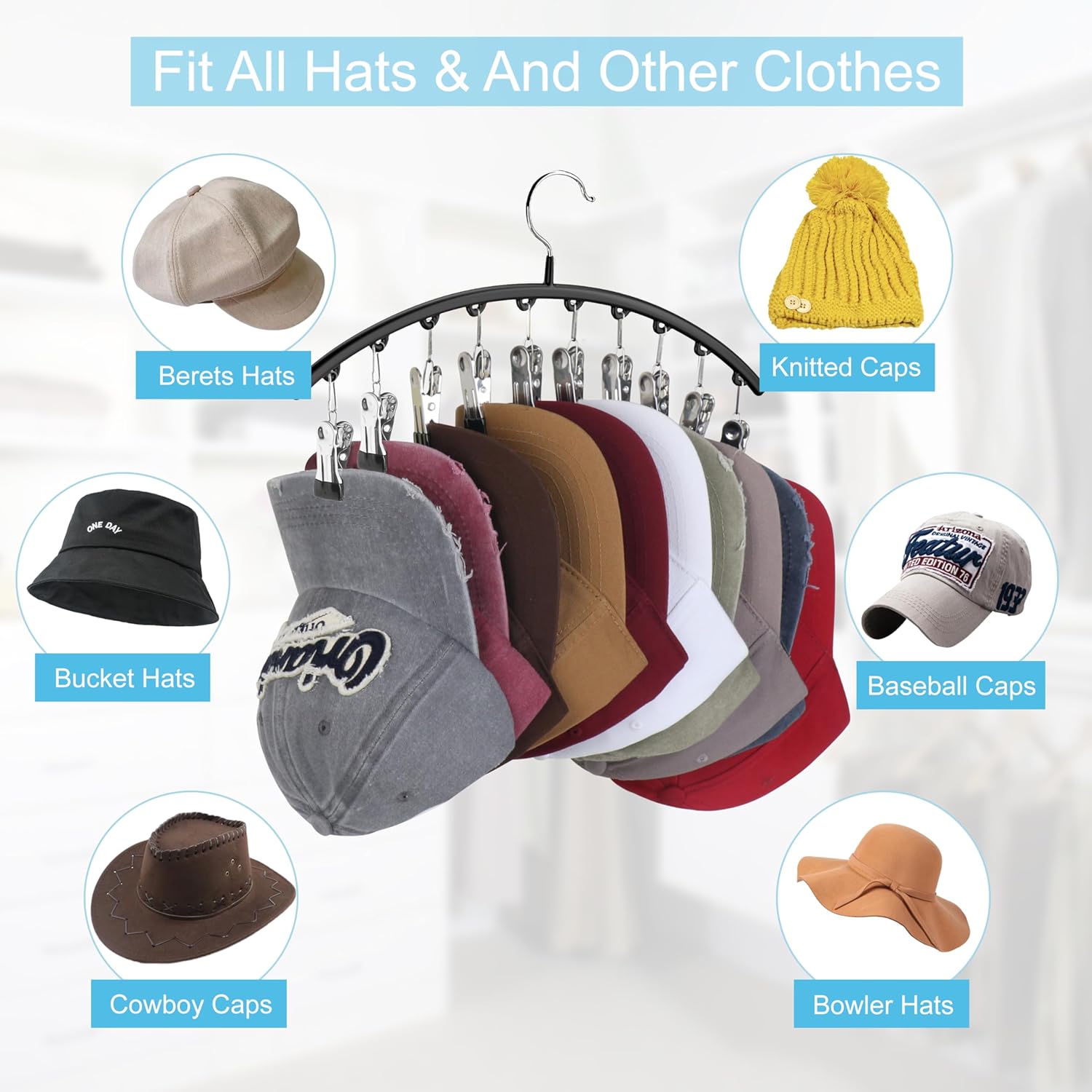 Skiennix Hat Hangers - Metal 2-Pack Hat Organizer with 10 Clips | Black Baseball Cap Holder for Closet