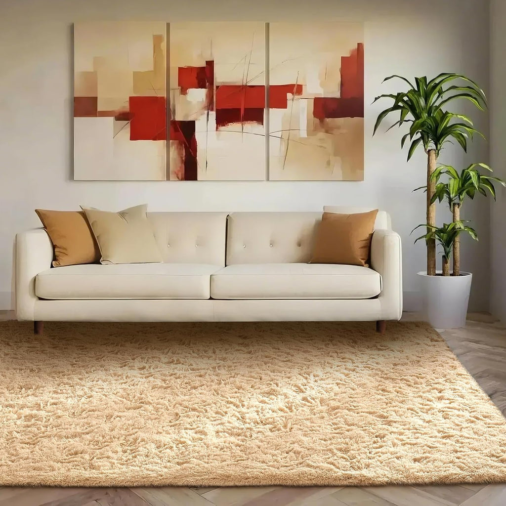 Ophanie Beige Area Rug - Plush Soft Shaggy Carpet for Living Room & Bedroom | 5x8 Size