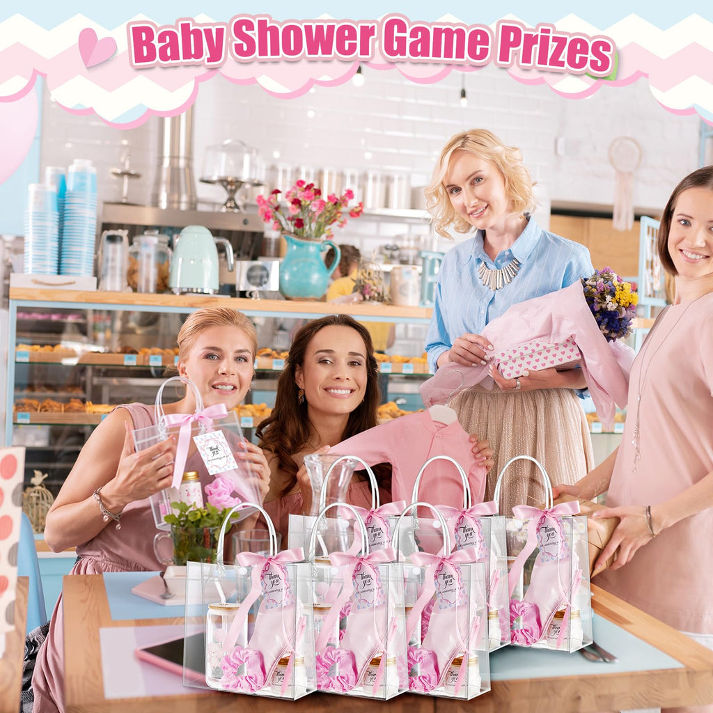 Reallnaive 43 Pcs Baby Shower Prizes for Player Winner Wedding Bridal Shower Favor Gifts Including Glass Cups Aromatherapy Candle Eye Mask Hair Band Greeting Card Pen Ribbon Gift Bag(Bear Style,Pink)