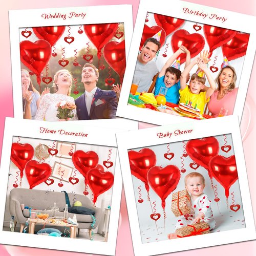 24 Pcs Red Heart Balloons, 100 Pcs Heart Hanging Streamers, 18 Inch Heart Foil Balloons Valentine's Day Balloon Love Balloon for Valentines Day Proposal Wedding Party Decorations (Red)