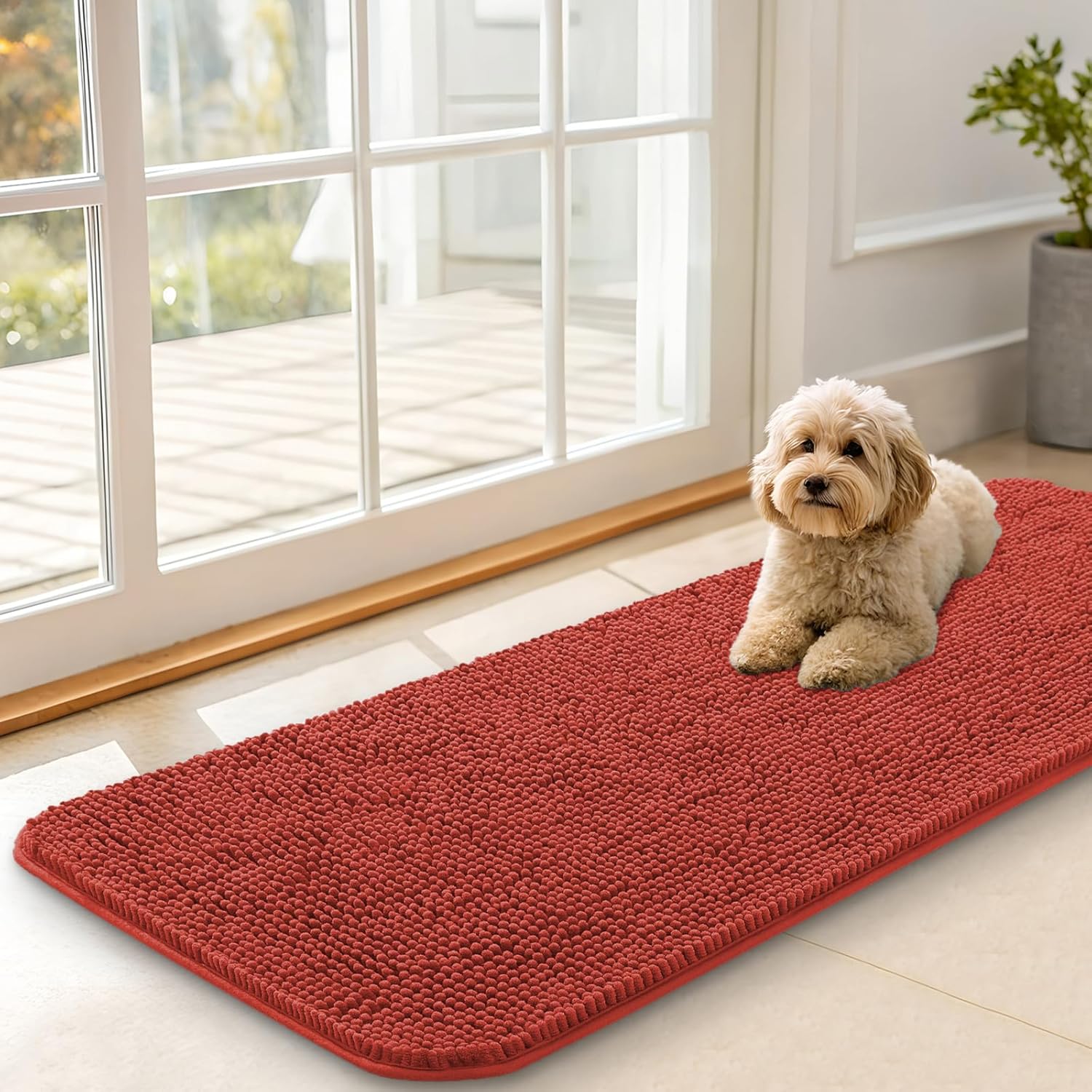 OLANLY Dog Door Mat - Absorbent Non-Slip Chenille Mat for Muddy Paws | 47x17, Quick Dry, Maple Red