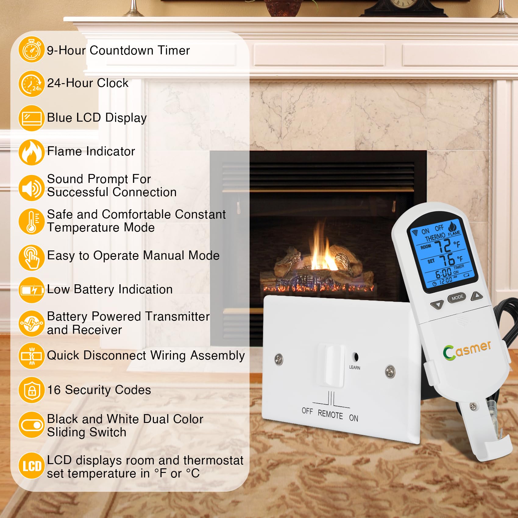 Universal Smart Fireplace Remote Control Kit, Fit skytech 1001-A,1001T/LCD-A,3301,3002,Smart-Batt, durablow TR1003, Acumen RCK, Backlit LCD Large Display, 9-Hour Countdown Timer, for Millivolt Valve