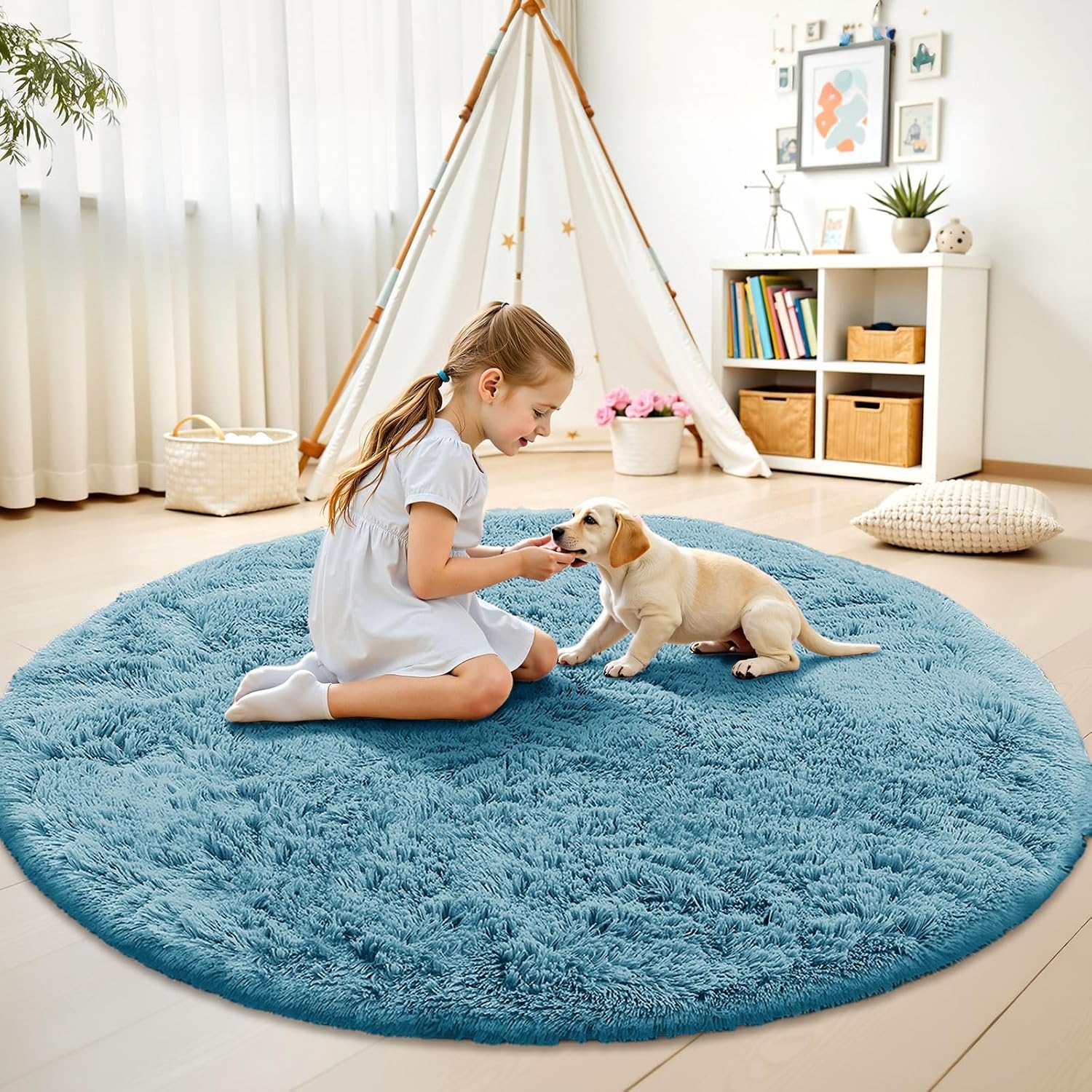 OLANLY Round Slate Blue Area Rug - Soft, Machine Washable 7 ft Shaggy Carpet for Bedroom & Living Room