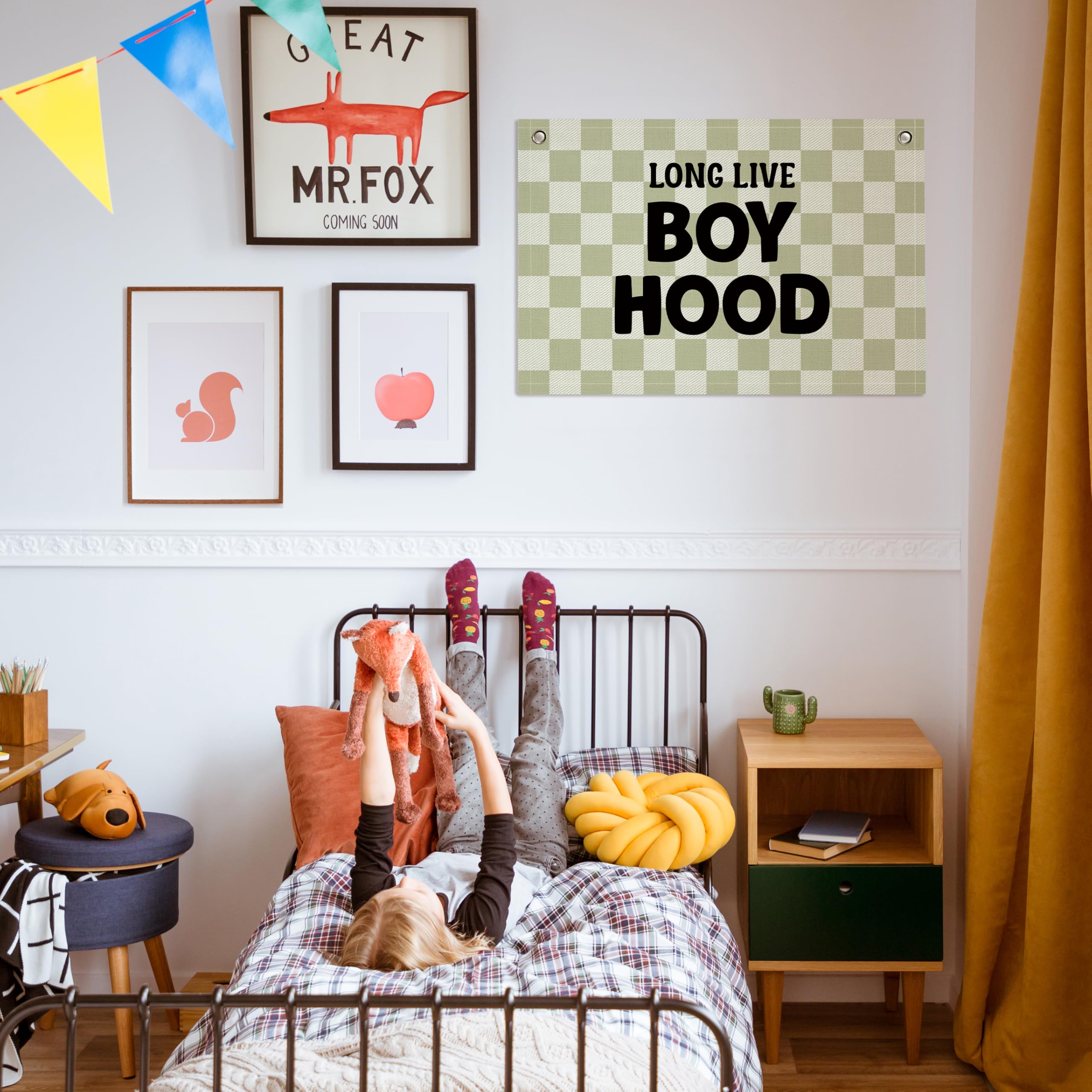 Long Live Boyhood Banner – Boy Room Decor Linen Banner Hanging Flag Retro Pink for Nursery Playroom Wall Art Decor for Kids Bedroom Dorm Toddler Decorations (Green Plaid2)