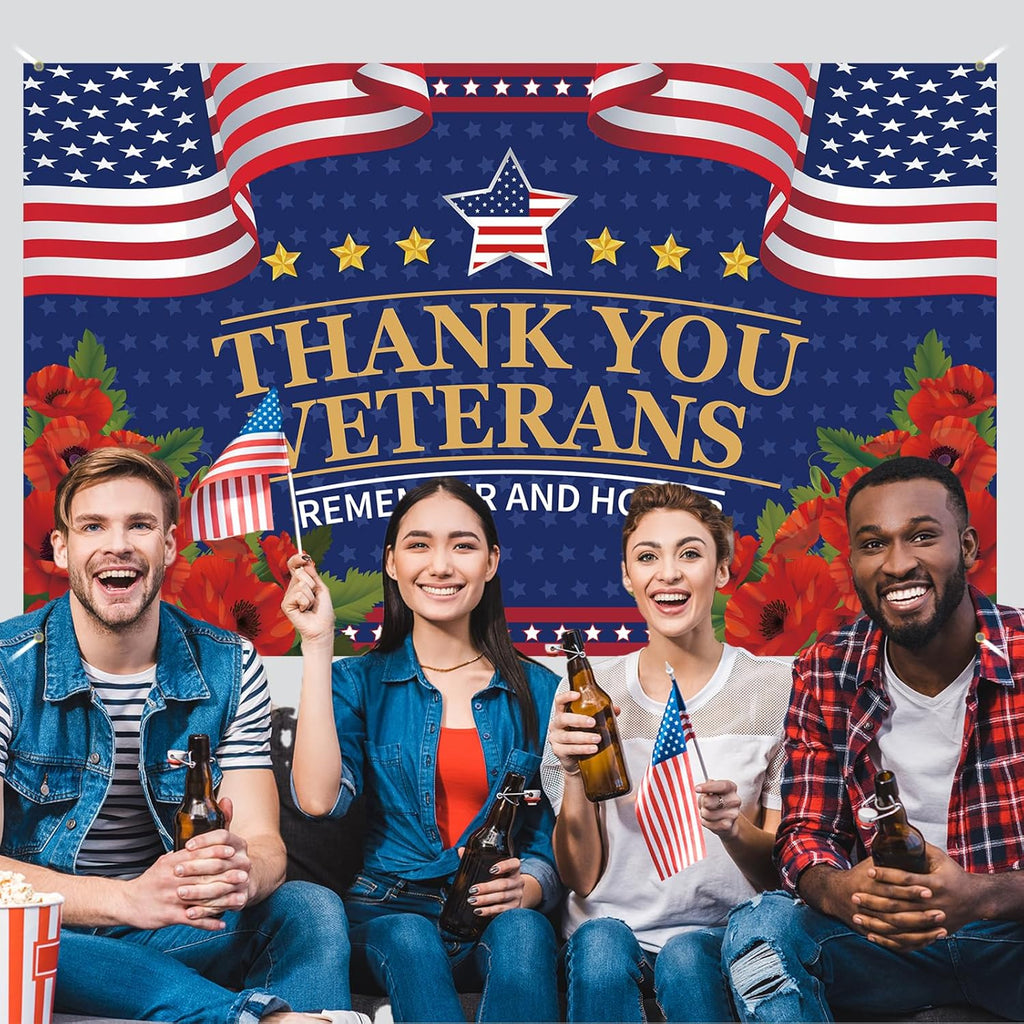 Red Poppies Veterans Day Banner - Thank You Veterans Decorations | 4th of July Patriotic Backdrop