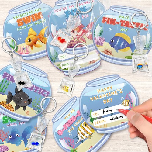 AuroTops Valentines Day Gifts for Kids,24 Pack Resin Fish Keychain with Valentines Day Cards for Kids School Classroom Exchange gifts for Boys Girls Keychains Bulk Kids Party Favors