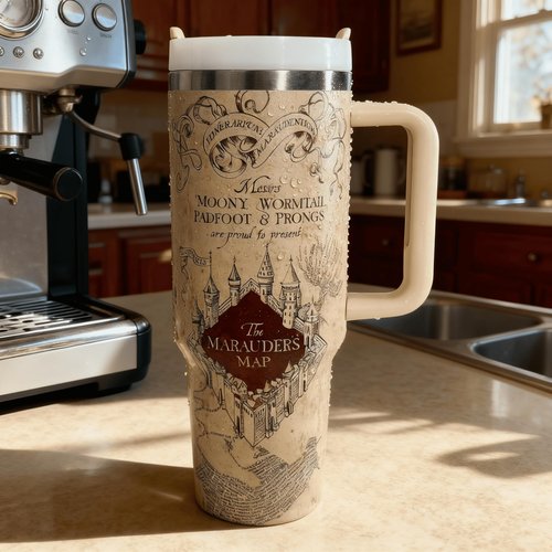 Annshein 40 oz Tumbler with Handle and Straw, Insulated Stainless Steel Travel Mug, Wizard Magic Map Cup, Large Double Wall Coffee Cup with Lid