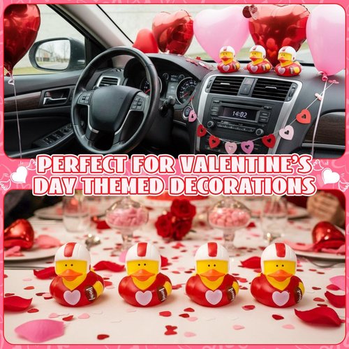 Civaner 24 Pcs Valentines Day Football Rubber Ducks 2 Inch Red Mini Football Player Rubber Ducks Bulk Heart Themed Duckies for Valentines Gifts Team Prize Party Favors Bag Stuffers