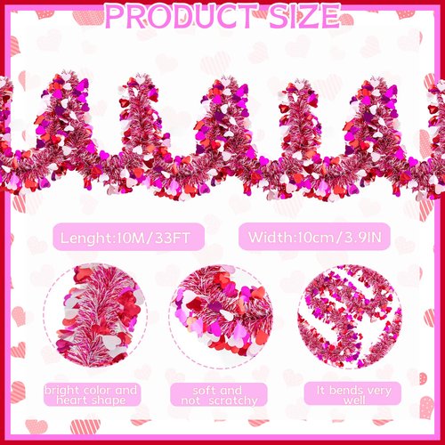 Gloreyan 20FT/6M Valentines Day Tinsel Garland, Red Pink White Heart Metallic Tinsel Twist Garland Hanging Decoration for Valentine’s Day Wedding Birthday Party Supplies