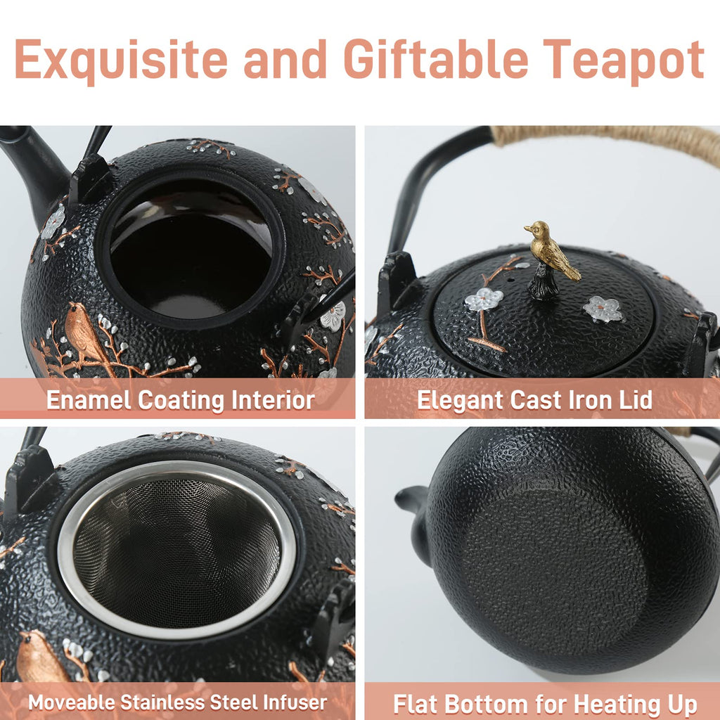 SECHUDO Tea Set Tea Kettle Japanese Style Beautiful Black Cast Iron Teapot Set with 4 Cups,4 Cup Mats,1 Trivet and 1 Lid Holder,40.6oz Teapot with Infuser for Stove Top Safe