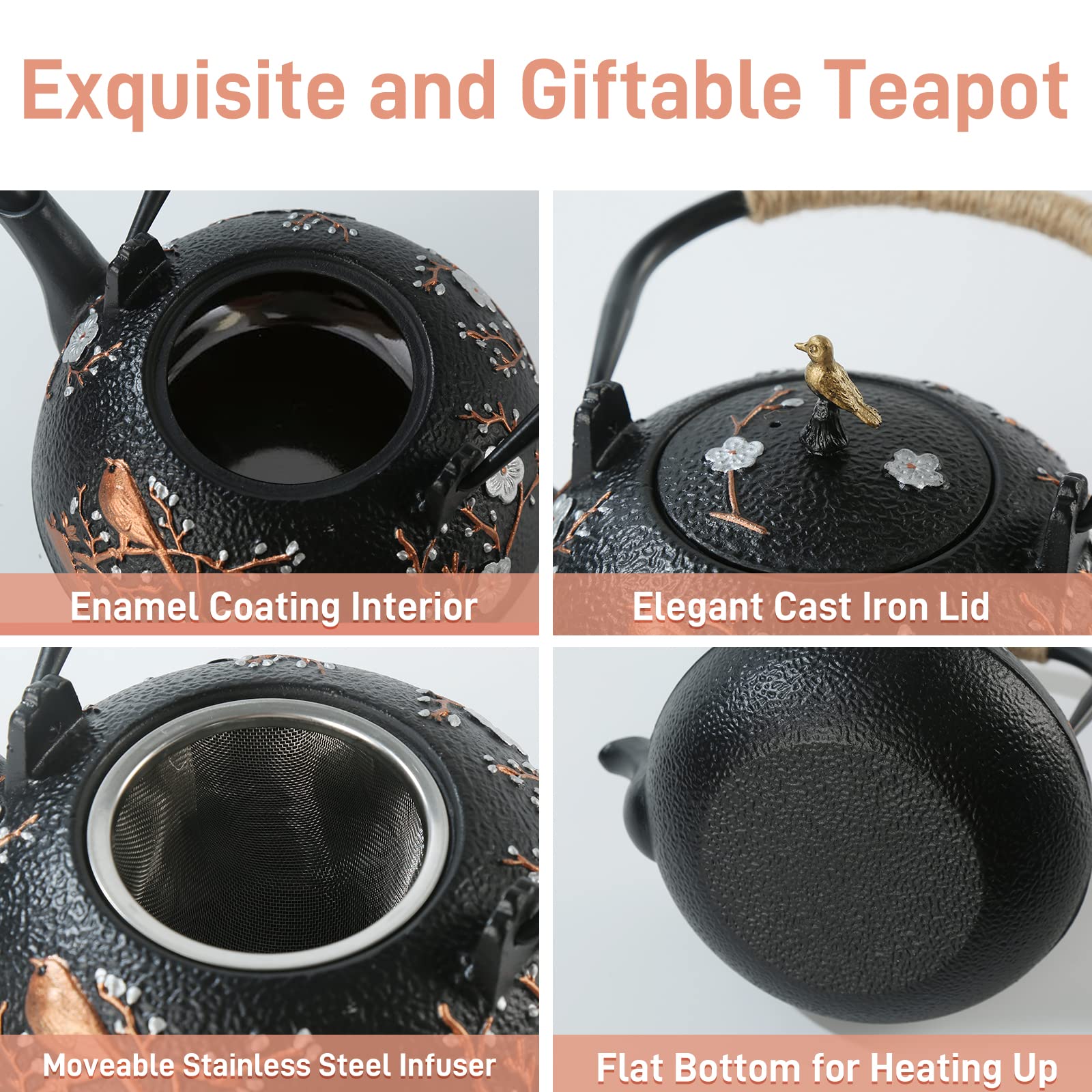 SECHUDO Tea Set Tea Kettle Japanese Style Beautiful Black Cast Iron Teapot Set with 4 Cups,4 Cup Mats,1 Trivet and 1 Lid Holder,40.6oz Teapot with Infuser for Stove Top Safe