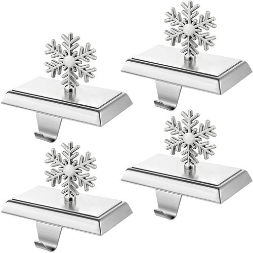 MNKXL Set of 4 Metal Christmas Stocking Holders for Mantle,Heavy Duty Weighted Stocking Holders for Mantle,Silver 3D Snowflake Stocking Holder for Tables Window Fireplace Christmas Decorations