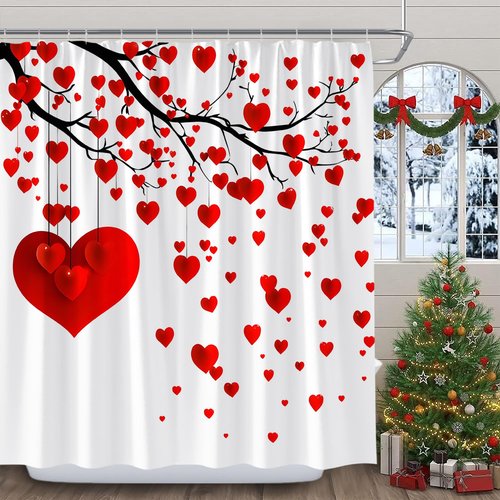 Red Love Heart Shower Curtain TreeFallen Heart Sweet Love Romantic Couple Woman Girl Valentine's Day for Bathroom Polyester Curtains Set with Hooks 70x70 Inch