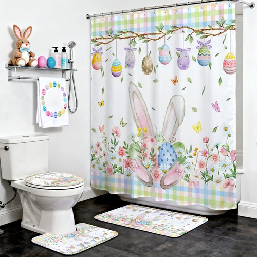 Mocsicka 4pcs Easter Shower Curtain Set Cute Bunny Eggs Spring Floral Shower Curtain for Easter Bathroom Decor Set with Non-Slip Washable Bath Rugs, Toilet Lid Cover 72 x 72 Inch
