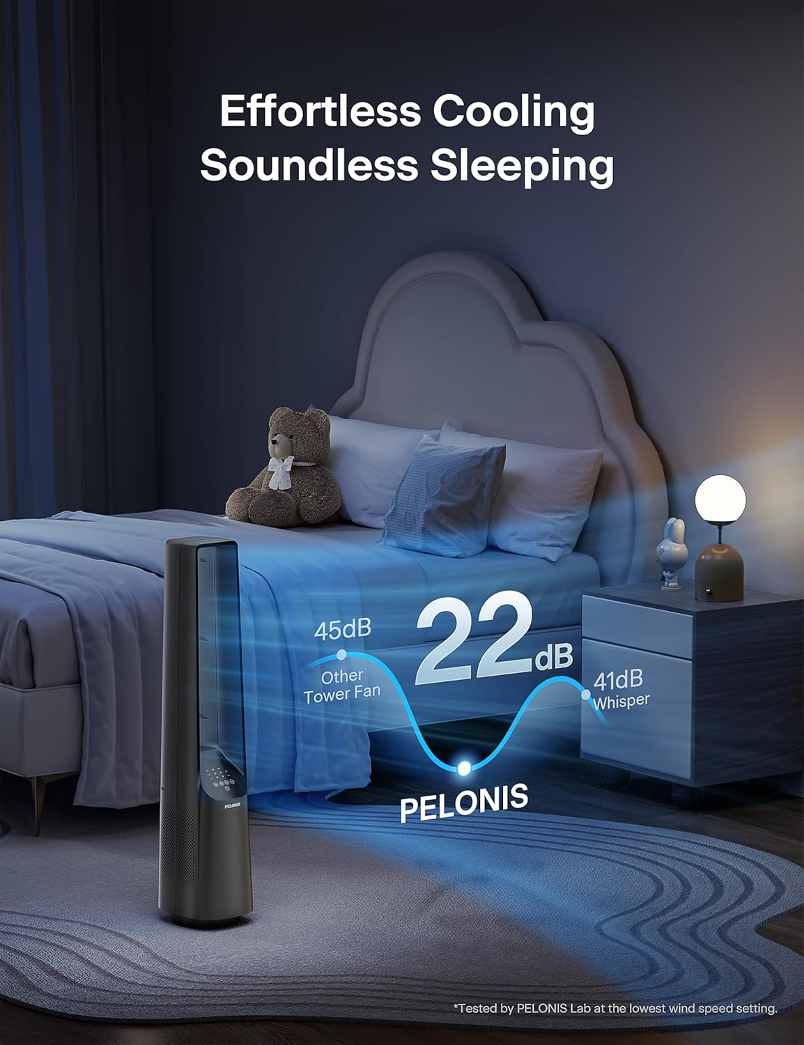 Pelonis Bladeless Tower Fan - Ultra-Quiet 22 dB Motor, 6 Speeds, Remote Control, 90° Oscillation, Safe for Home & Office