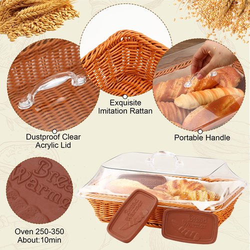 LemonRoad 14 x 10 x 6 Inch Bread Warmer Basket with Stone Sets Includes 1 Linen Towel 2 Bread Basket with Lid 3 Clay Warmer Stones for Winter Daily Camping Food Warming Housewarming Gifts