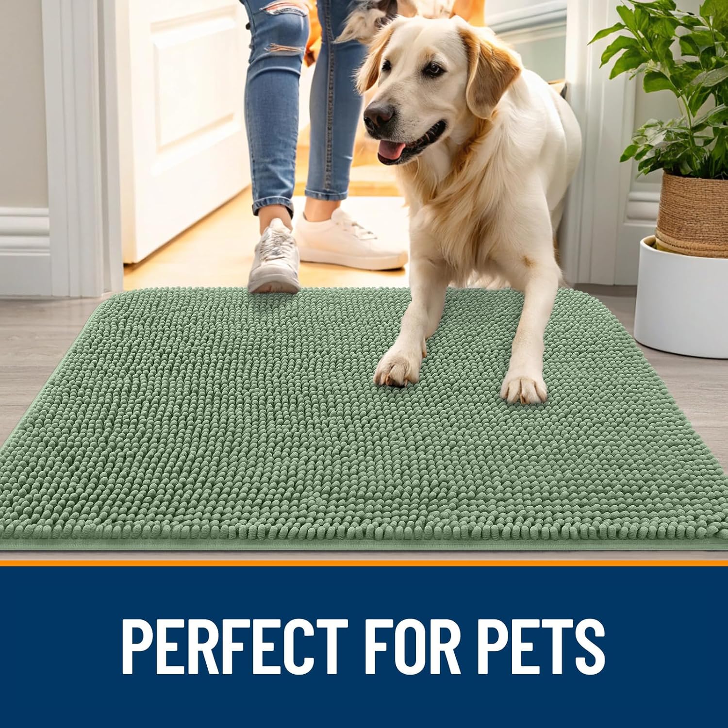 OLANLY Dog Door Mat - Absorbent Non-Slip Indoor Carpet for Muddy Paws | 47x20, Olive Green
