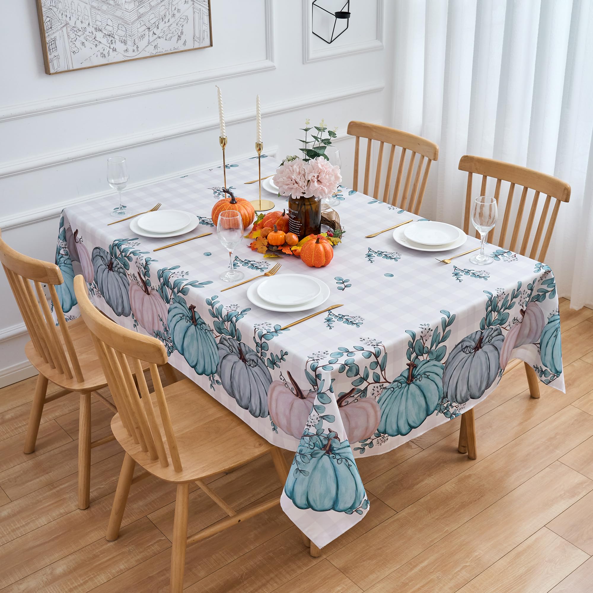 VEDACHIC Thanksgiving Tablecloth Blue Fall Pumpkin Buffalo Plaid Rectangle Table Cloth - 60x84 Inch Oblong Autumn Polyester Table Cover Reusable Water Resistant for Outdoor Holiday Party Picnic
